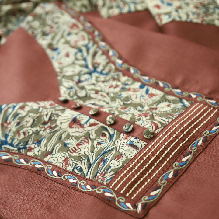 Niharika Brick Brown Thread with Floral Print Yoke Semi Pashmina Winter Set
