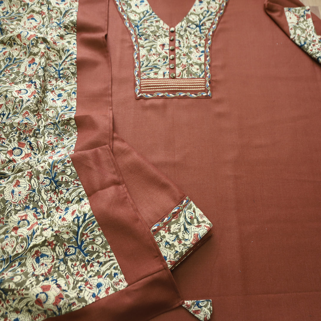 Niharika Brick Brown Thread with Floral Print Yoke Semi Pashmina Winter Set