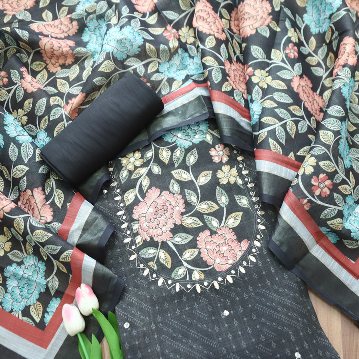 Raavi Faded Black Floral Printed Yoke Shimmer Tissue Linen Set