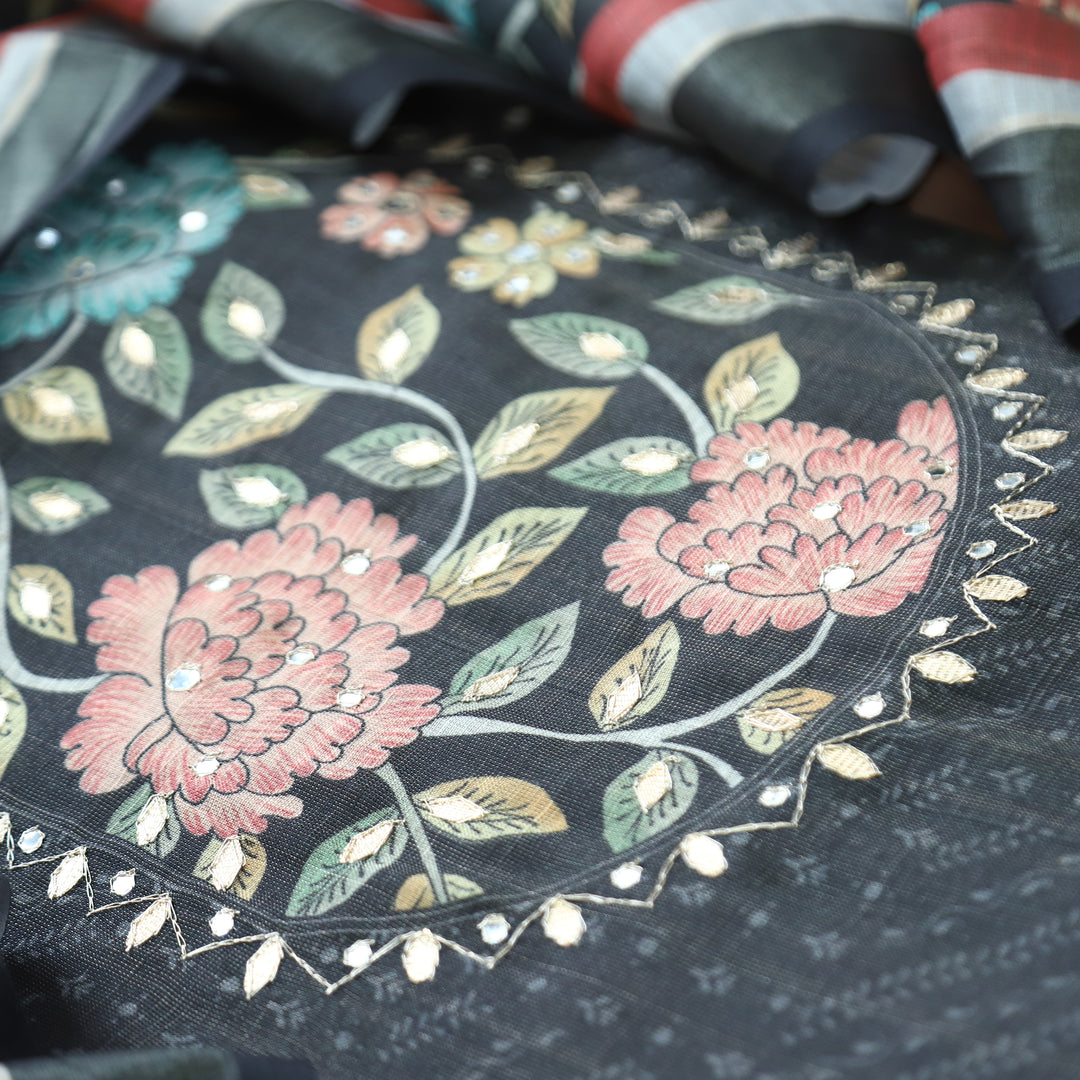 Raavi Faded Black Floral Printed Yoke Shimmer Tissue Linen Set