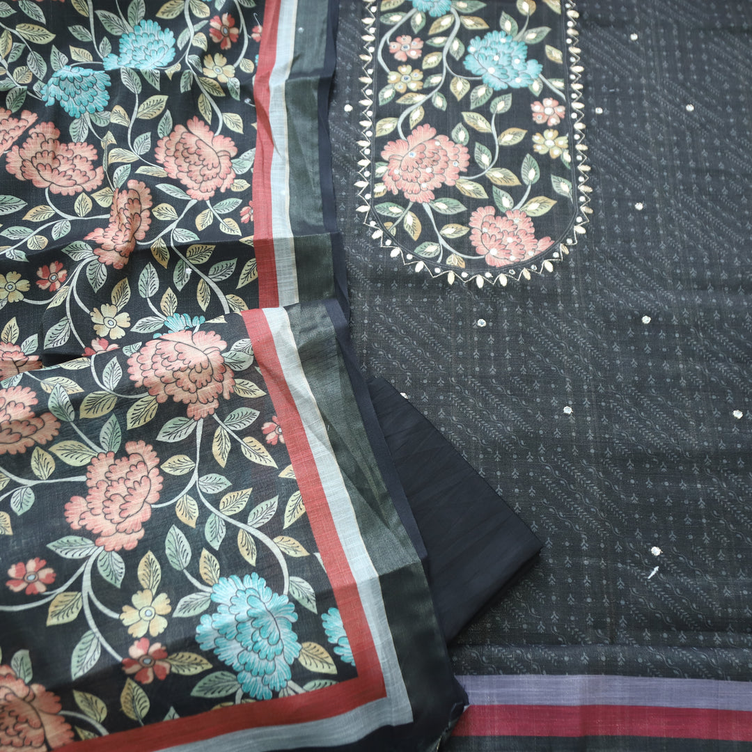 Raavi Faded Black Floral Printed Yoke Shimmer Tissue Linen Set