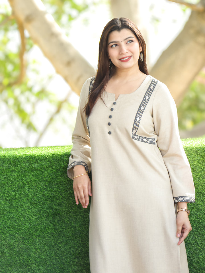Laakshi Shell Beige Round Button Neck with Side Embroidered Fleece Winter Kurti