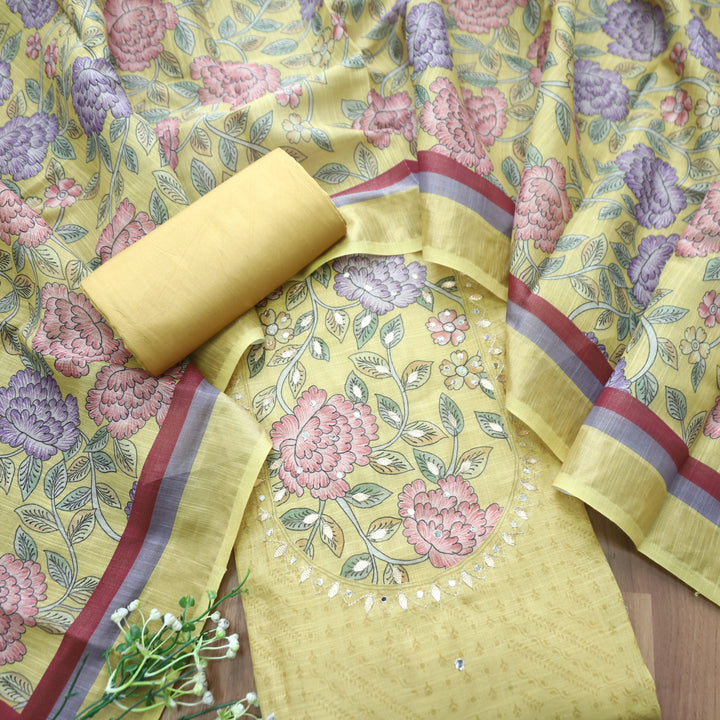 Raavi Butter Yellow Floral Printed Yoke Shimmer Tissue Linen Set