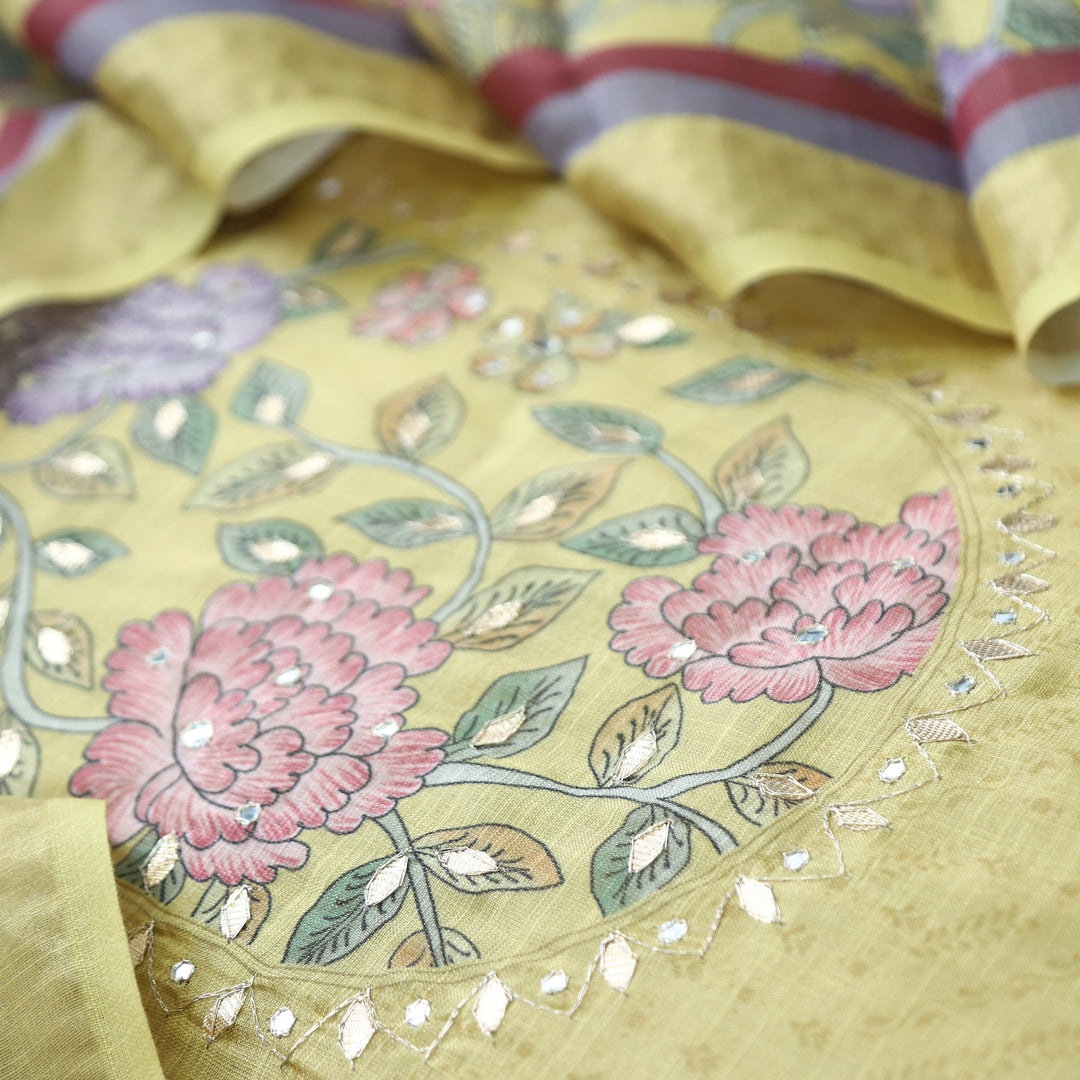 Raavi Butter Yellow Floral Printed Yoke Shimmer Tissue Linen Set
