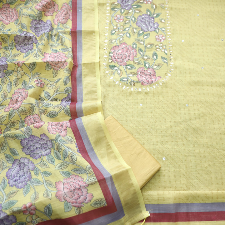 Raavi Butter Yellow Floral Printed Yoke Shimmer Tissue Linen Set