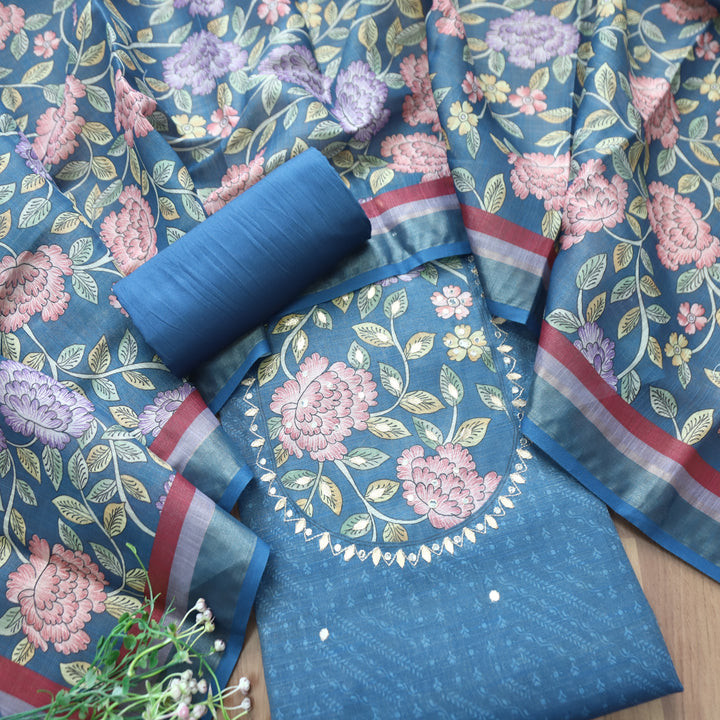 Raavi Sapphire Blue Floral Printed Yoke Shimmer Tissue Linen Set