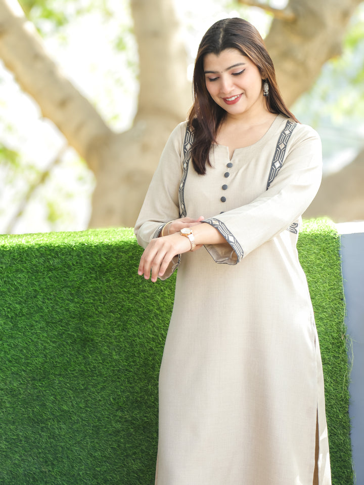 Laakshi Shell Beige Round Button Neck with Side Embroidered Fleece Winter Kurti
