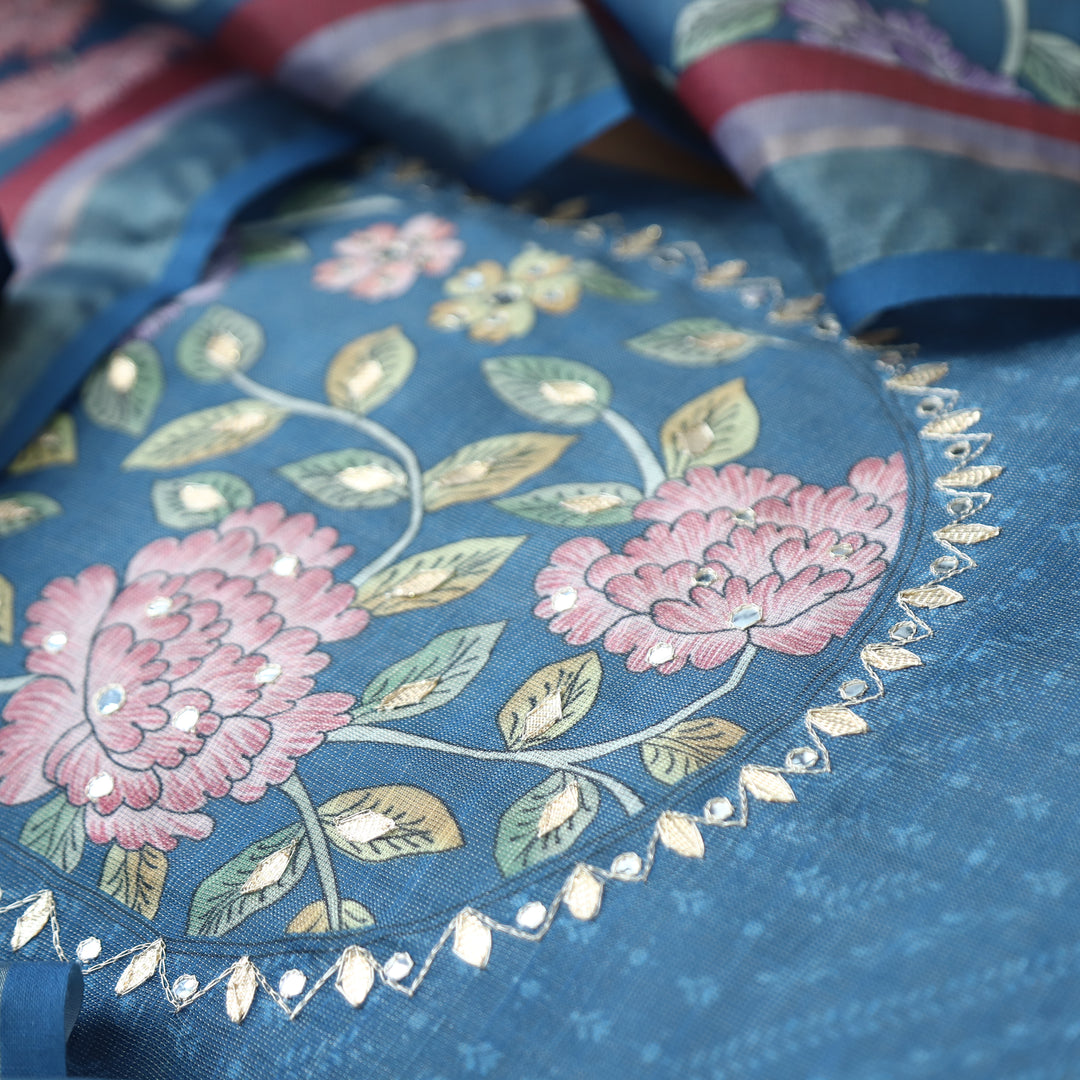 Raavi Sapphire Blue Floral Printed Yoke Shimmer Tissue Linen Set