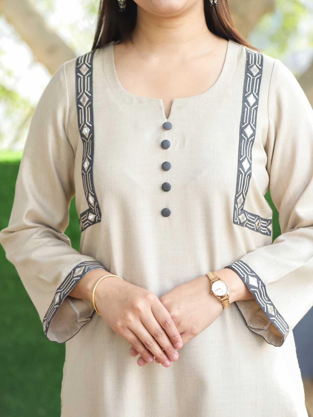 Laakshi Shell Beige Round Button Neck with Side Embroidered Fleece Winter Kurti