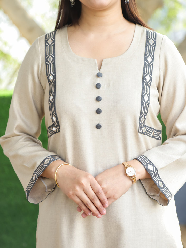 Laakshi Shell Beige Round Button Neck with Side Embroidered Fleece Winter Kurti