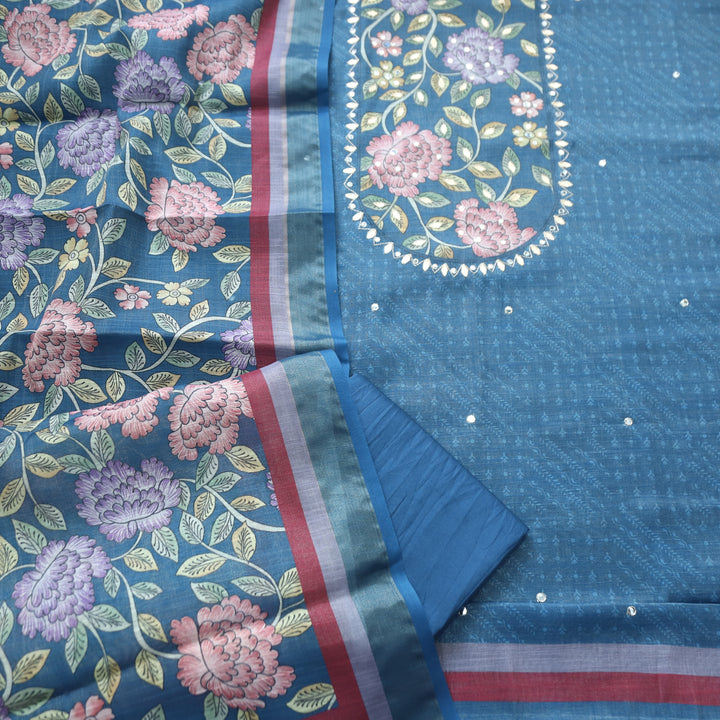 Raavi Sapphire Blue Floral Printed Yoke Shimmer Tissue Linen Set