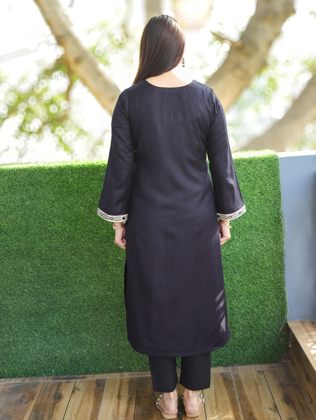 Laakshi Black Round Button Neck with Side Embroidered Semi Pashimna Winter Kurti