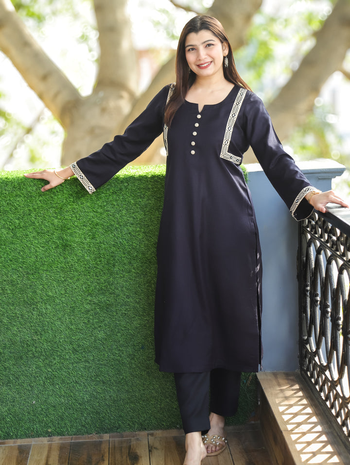 Laakshi Black Round Button Neck with Side Embroidered Semi Pashimna Winter Kurti