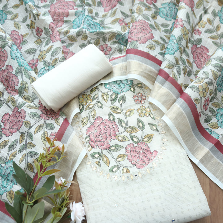 Raavi Pearl White Floral Printed Yoke Shimmer Tissue Linen Set