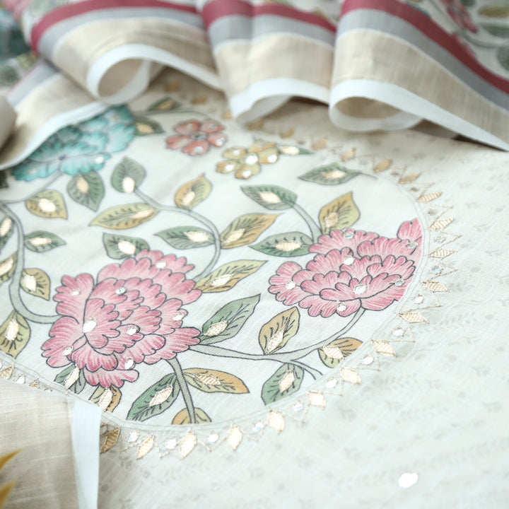 Raavi Pearl White Floral Printed Yoke Shimmer Tissue Linen Set