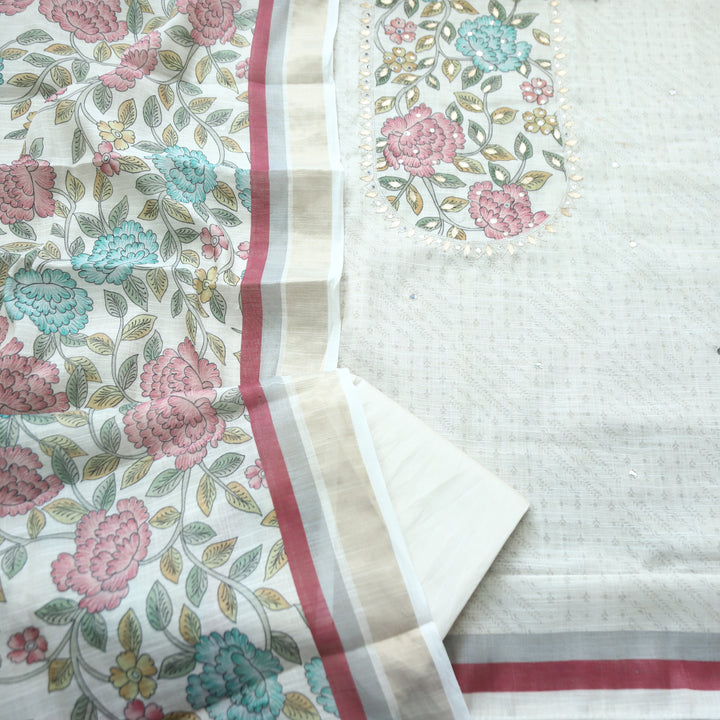 Raavi Pearl White Floral Printed Yoke Shimmer Tissue Linen Set