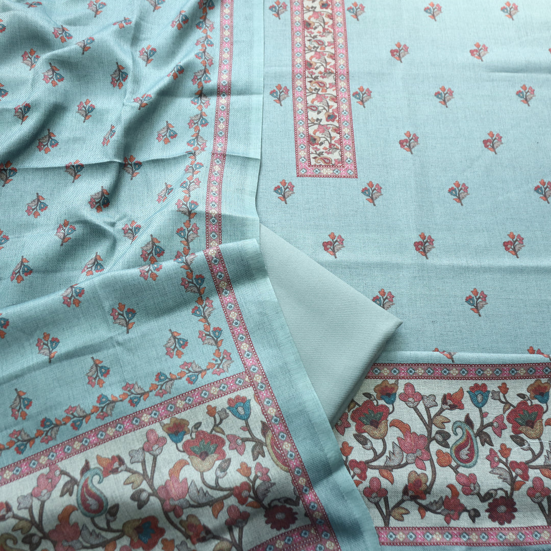 Rajshvi Stone Blue with Digital Floral Printed Semi Pahmina WInter Set