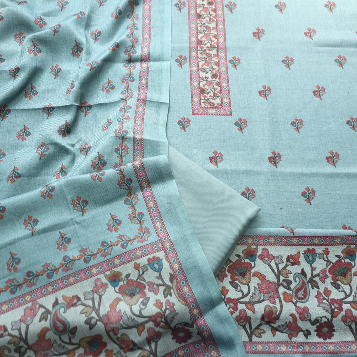 Rajshvi Stone Blue with Digital Floral Printed Semi Pahmina WInter Set