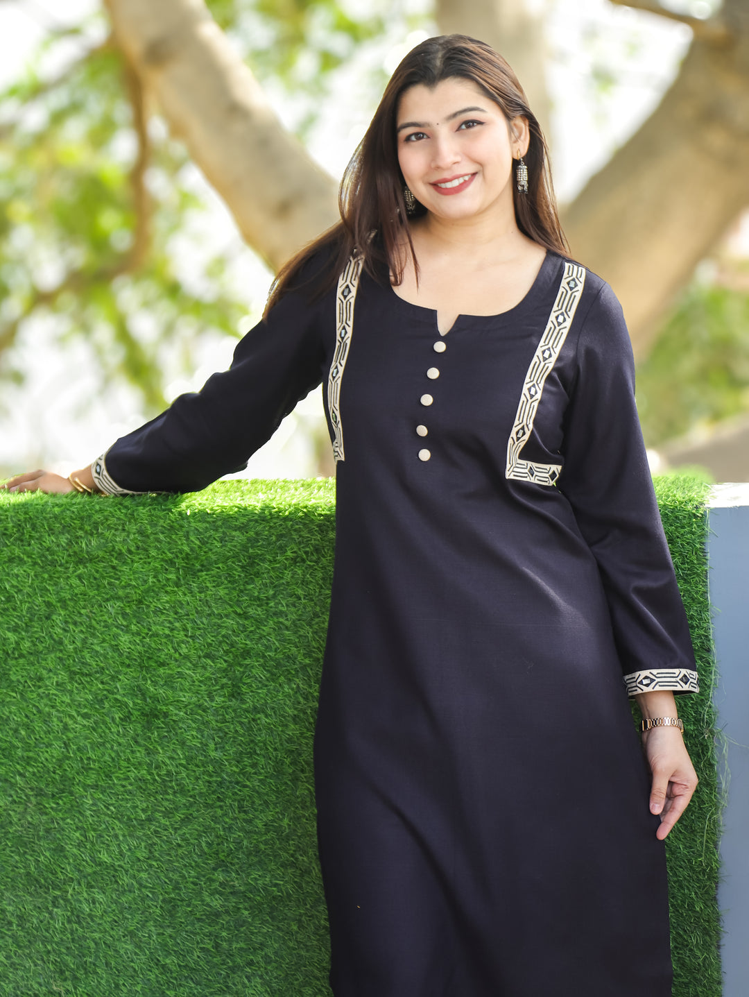 Laakshi Black Round Button Neck with Side Embroidered Semi Pashimna Winter Kurti