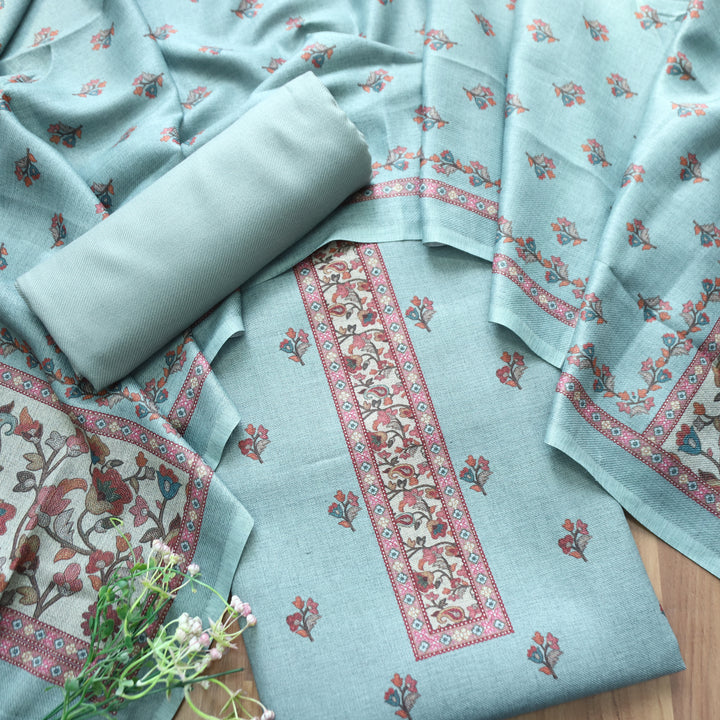 Rajshvi Stone Blue with Digital Floral Printed Semi Pahmina WInter Set
