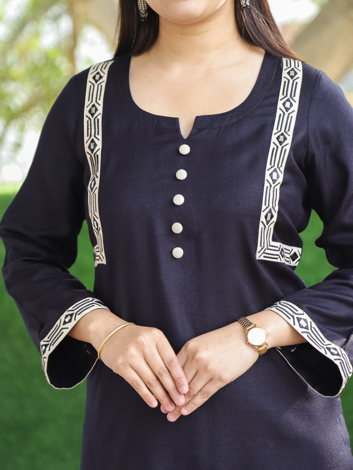 Laakshi Black Round Button Neck with Side Embroidered Semi Pashimna Winter Kurti
