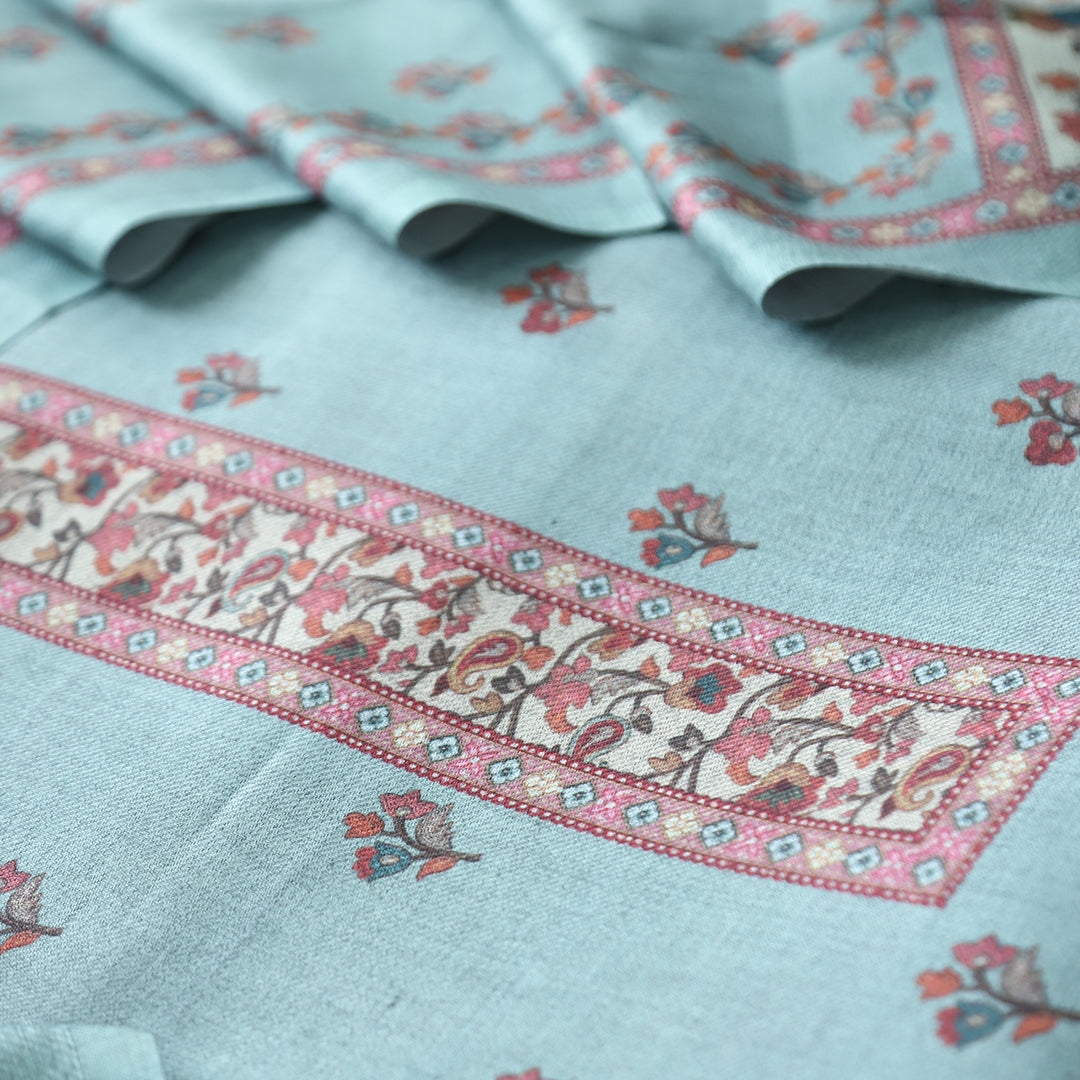 Rajshvi Stone Blue with Digital Floral Printed Semi Pahmina WInter Set