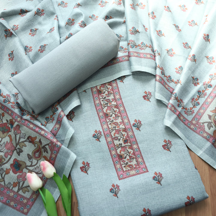 Rajshvi Fossil Grey with Digital Floral Printed Semi Pahmina WInter Set