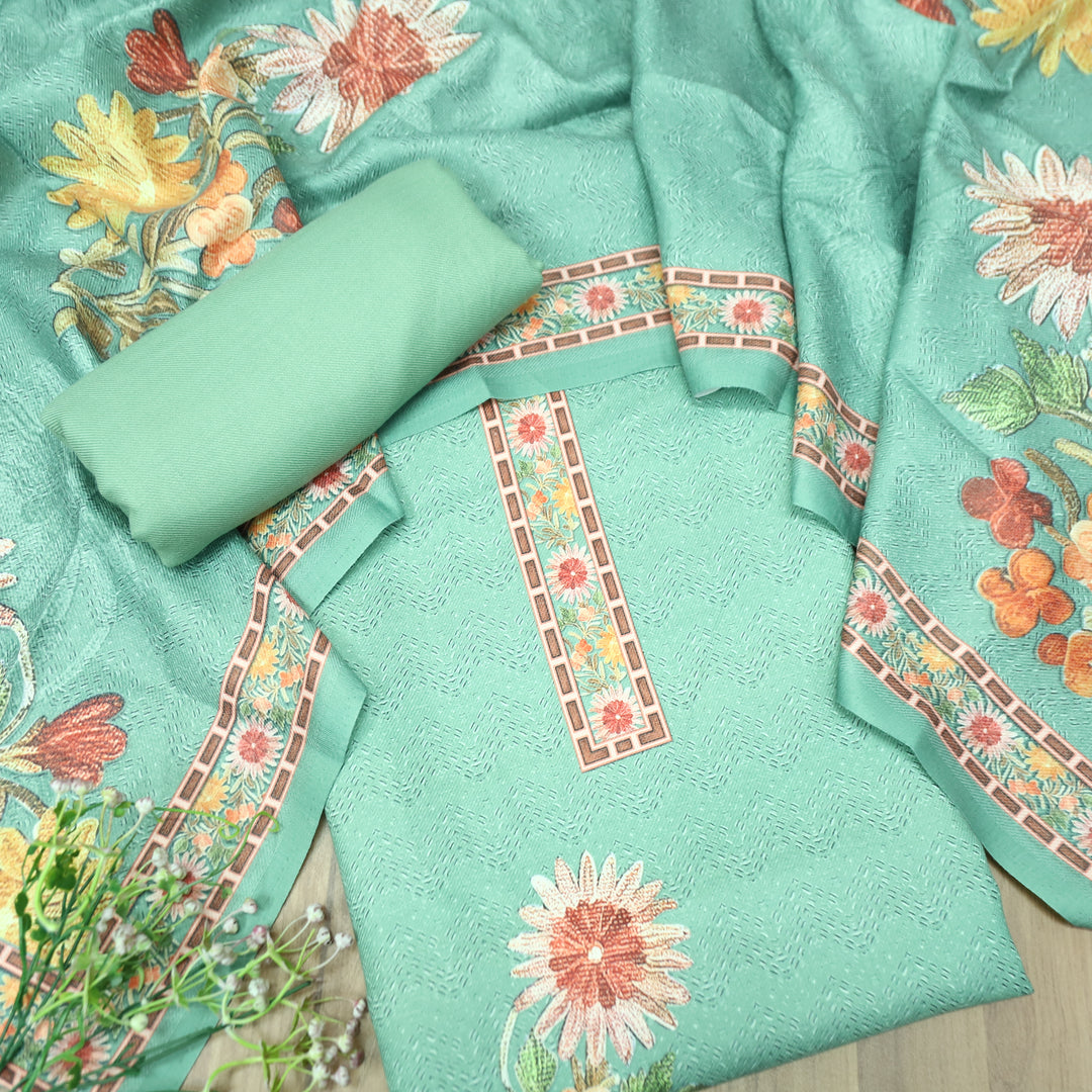 निर्मित Sea Form Green Defined By Floral Printed Work Semi Pashmina Winter Set