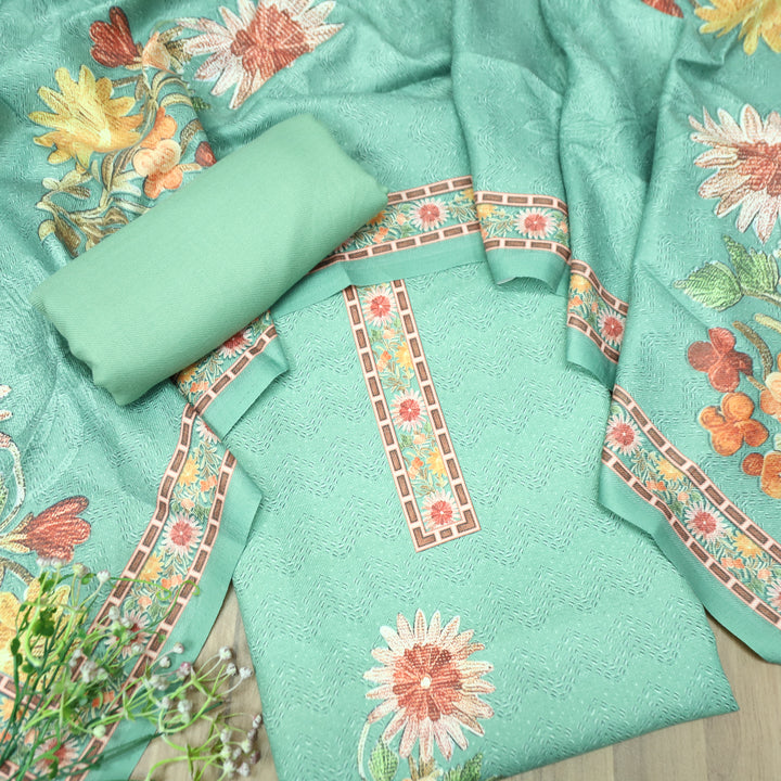 निर्मित Sea Form Green Defined By Floral Printed Work Semi Pashmina Winter Set