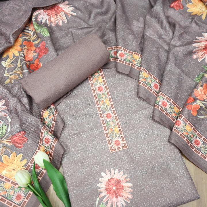 निर्मित Toffee Tan Defined By Floral Printed Work Semi Pashmina Winter Set