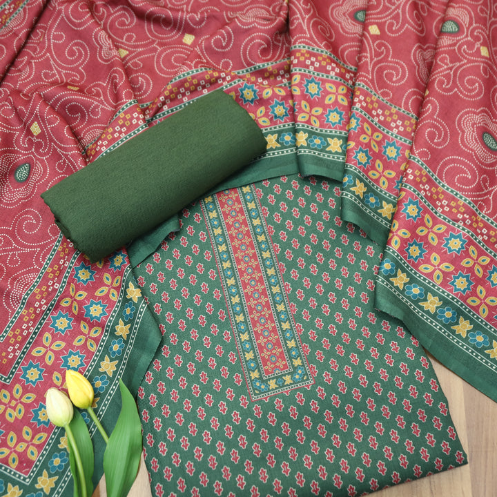 Gulabkari Bottle Green Digital Printed Semi Pashmina Winter Set