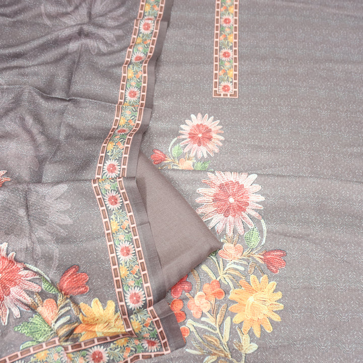निर्मित Toffee Tan Defined By Floral Printed Work Semi Pashmina Winter Set