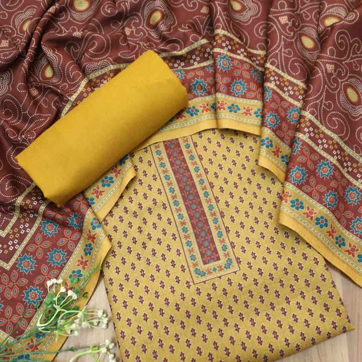 Gulabkari Dijon Yellow Digital Printed Semi Pashmina Winter Set