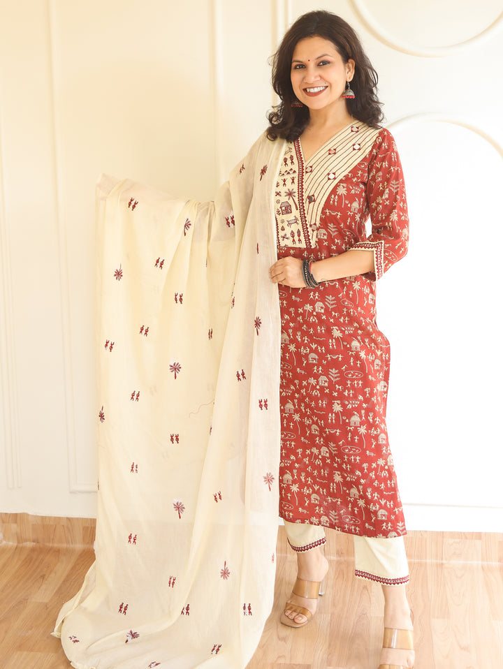 Araha Red Warli Embroidered with Mirror Cotton 3 Piece Set