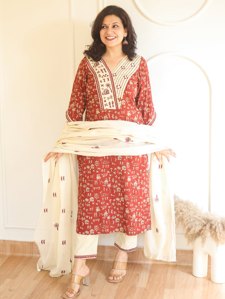 Araha Red Warli Embroidered with Mirror Cotton 3 Piece Set