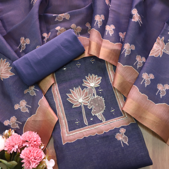 Aashiya Royal Navy Digital Printed with Zari Weaved and Mirror Shimmer Linen Set