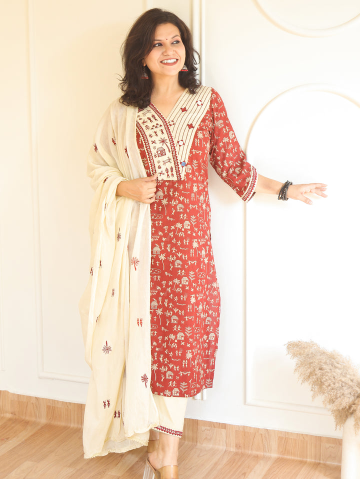 Araha Red Warli Embroidered with Mirror Cotton 3 Piece Set