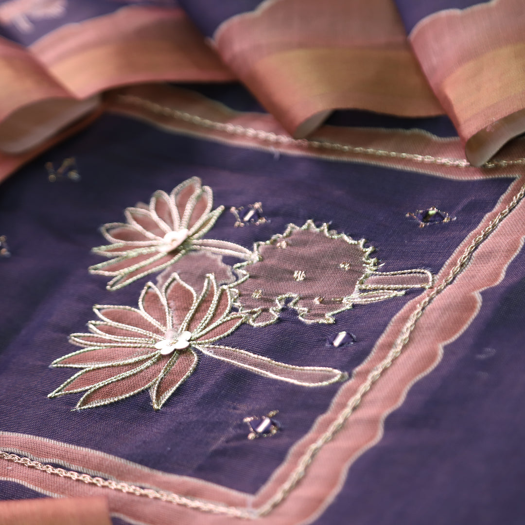 Aashiya Royal Navy Digital Printed with Zari Weaved and Mirror Shimmer Linen Set