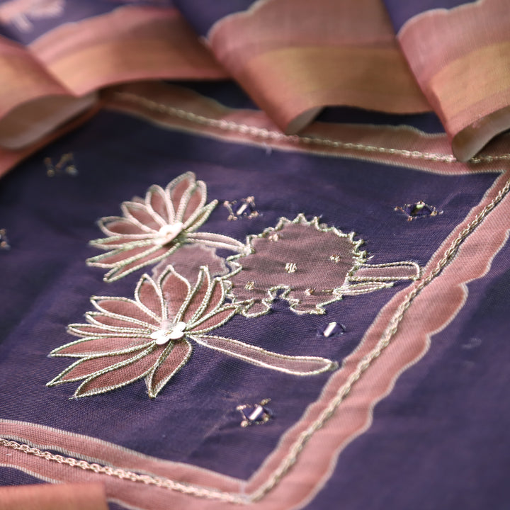 Aashiya Royal Navy Digital Printed with Zari Weaved and Mirror Shimmer Linen Set