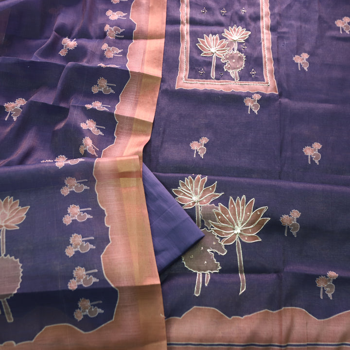 Aashiya Royal Navy Digital Printed with Zari Weaved and Mirror Shimmer Linen Set