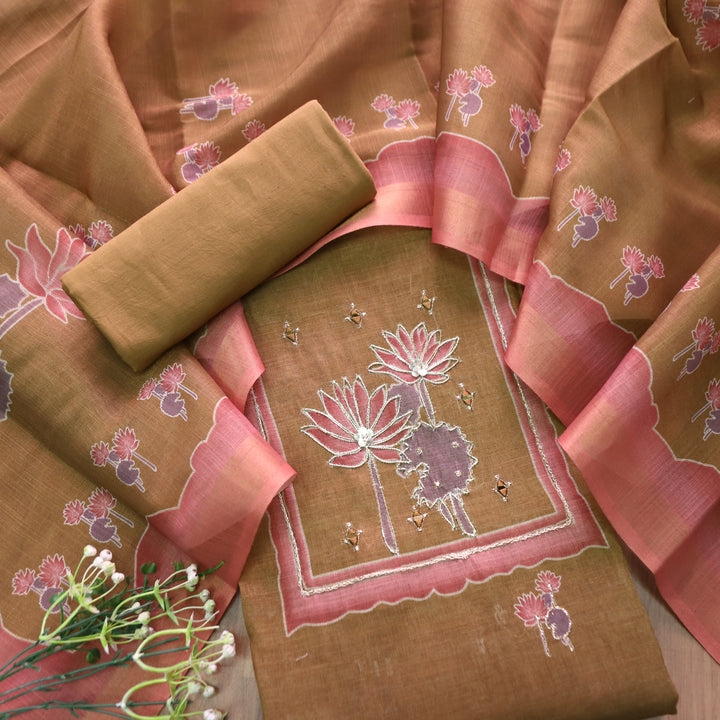 Aashiya Peanut Beige Digital Printed with Zari Weaved and Mirror Shimmer Linen Set