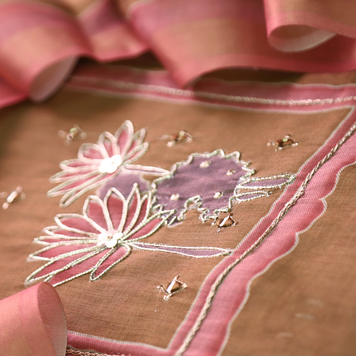 Aashiya Peanut Beige Digital Printed with Zari Weaved and Mirror Shimmer Linen Set