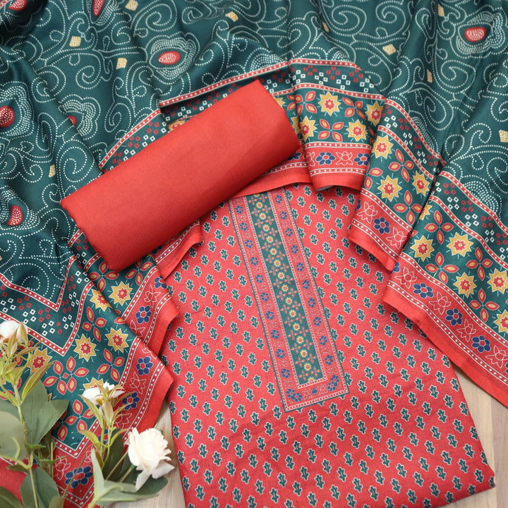 Gulabkari Crimson Red Digital Printed Semi Pashmina Winter Set