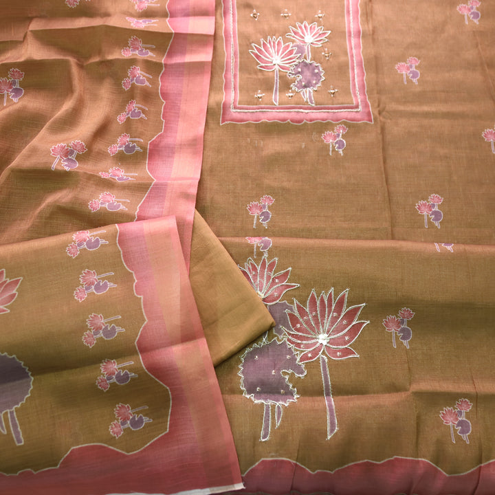 Aashiya Peanut Beige Digital Printed with Zari Weaved and Mirror Shimmer Linen Set