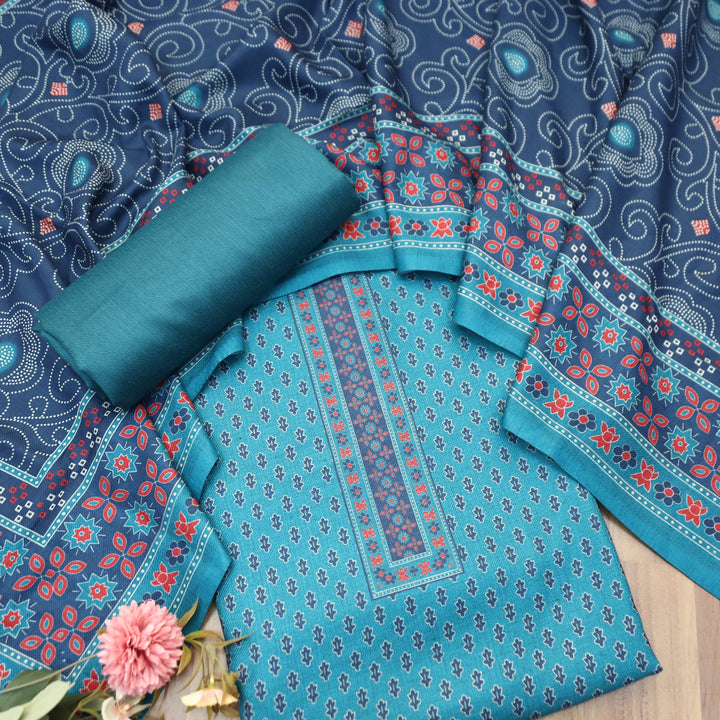 Gulabkari Aqua Turq Digital Printed Semi Pashmina Winter Set