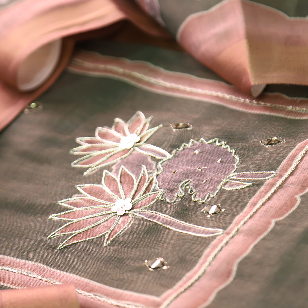 Aashiya Forest Green Digital Printed with Zari Weaved and Mirror Shimmer Linen Set