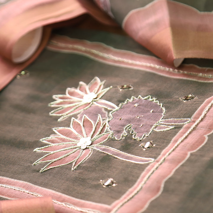 Aashiya Forest Green Digital Printed with Zari Weaved and Mirror Shimmer Linen Set