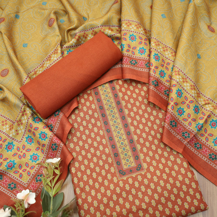 Gulabkari Roasted Rust Digital Printed Semi Pashmina Winter Set