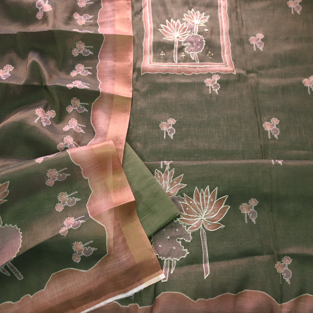 Aashiya Forest Green Digital Printed with Zari Weaved and Mirror Shimmer Linen Set