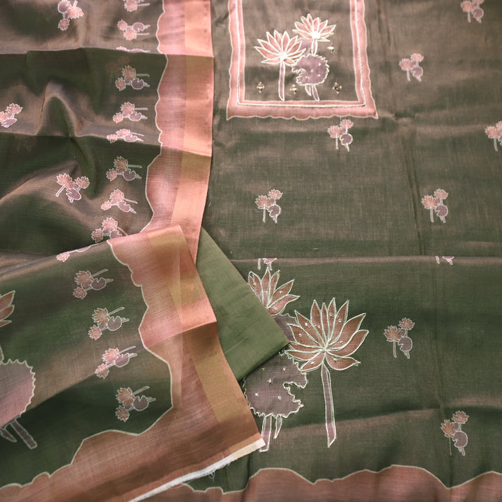 Aashiya Forest Green Digital Printed with Zari Weaved and Mirror Shimmer Linen Set
